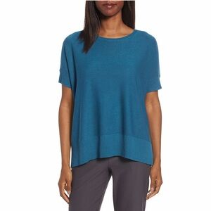 Eileen Fisher Nile Blue Sleek Merino Wool Blend Knit Boxy Sweater Top Size M